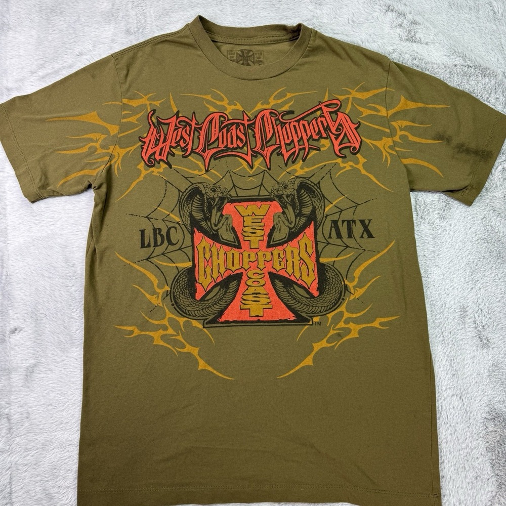 West Coast Choppers Shirt Mens Medium Green Snake Cross Flames Biker Tee Top